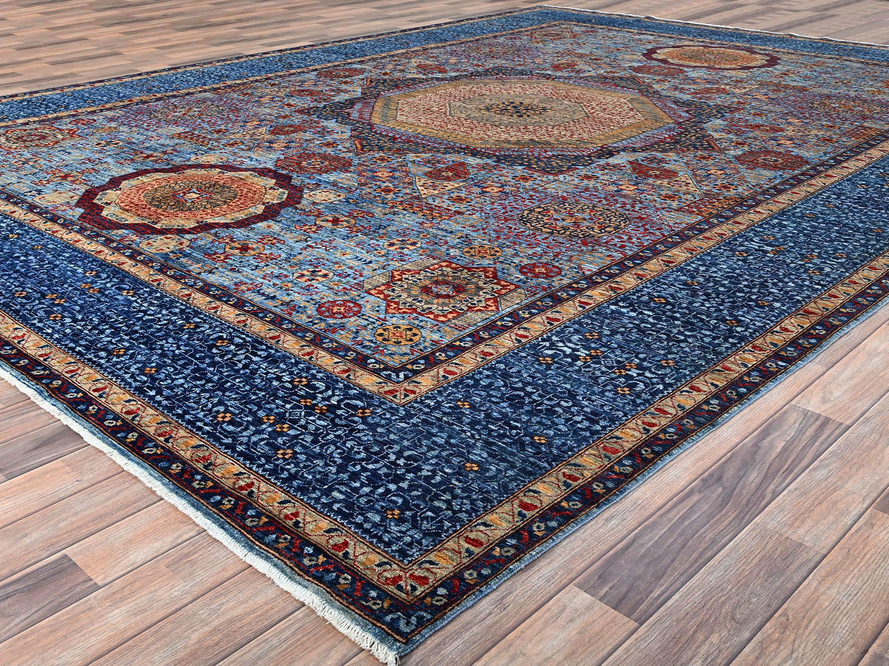 9'10"x13'8" Lichen Blue, 14th Century Mamluk Dynasty Pattern With Central Large Motif, Hand Knotted, Vibrant and Soft Wool 200 KPSI, Natural Dyes, Oriental Rug HR86760 - Image 3