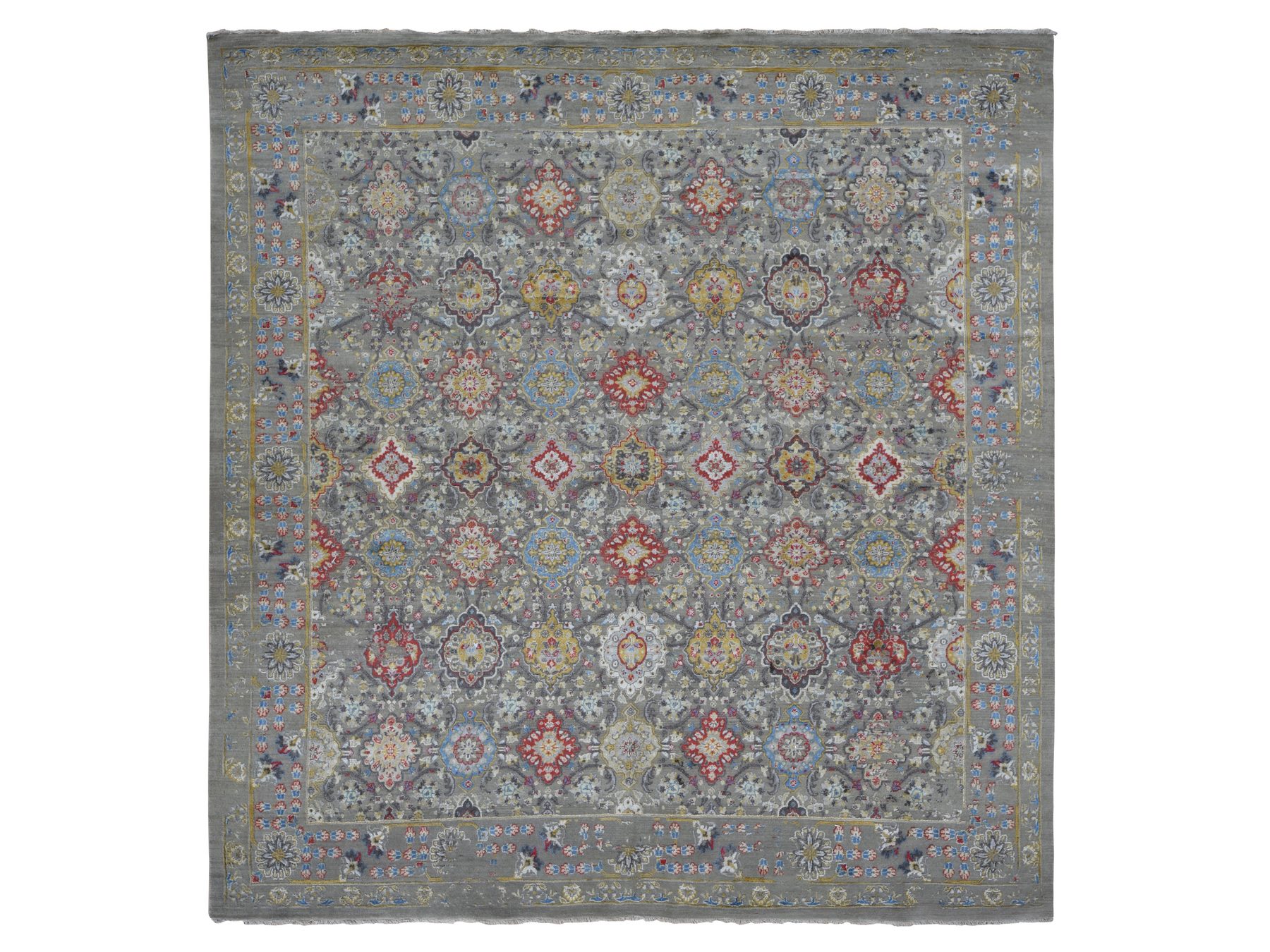 10'6"x10'6" Gentle Gray, THE SUNSET ROSETTES, Wool and Pure Silk, Hand Knotted, Square Oriental Rug HR87946