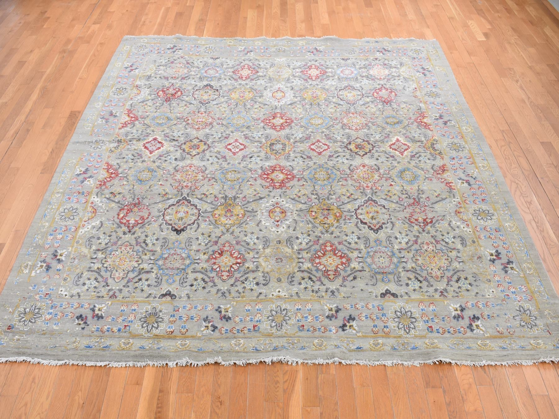10'6"x10'6" Gentle Gray, THE SUNSET ROSETTES, Wool and Pure Silk, Hand Knotted, Square Oriental Rug HR87946 - Image 2