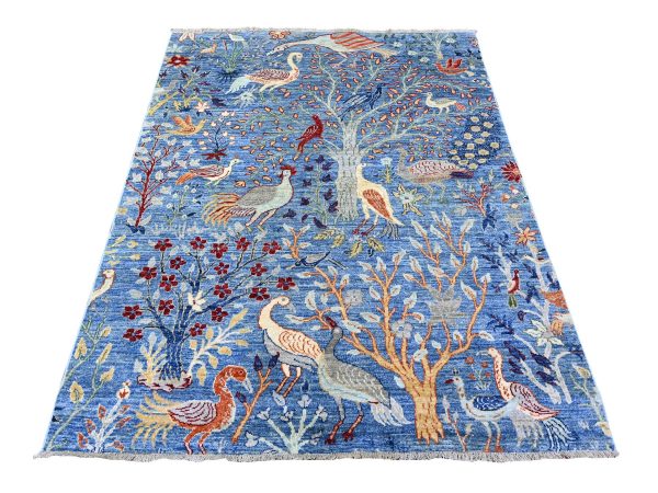 5'x6'4" Steel Blue, Afghan Peshawar with Birds of Paradise, Hand Knotted, Vegetable Dyes, Organic Wool, Oriental Rug HR88110