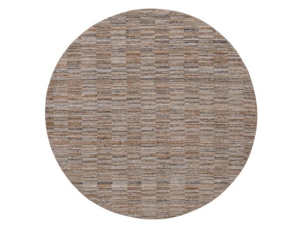 6'x6' Camel Brown, Modern Grid Pattern, Natural Wool, Thick and Plush, Hand Loomed, Round, Oriental Rug HR92162