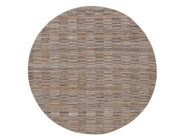 6'1"x6'1" Camel Brown, Natural Wool, Modern Grid Pattern, Thick and Plush, Hand Loomed, Round, Oriental Rug HR92177