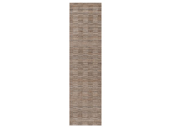 2'7"x12' Camel Brown, Thick and Plush, Hand Loomed, Modern Grid Pattern, Natural Wool, Runner, Oriental Rug HR92187