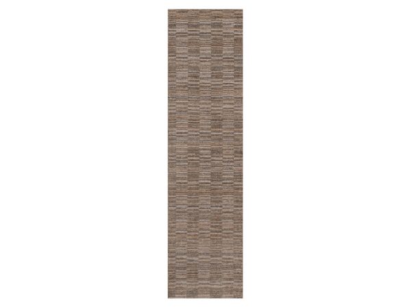 2'7"x10' Camel Brown, Hand Loomed, Modern Grid Pattern, Natural Wool, Thick and Plush, Runner, Oriental Rug HR92189