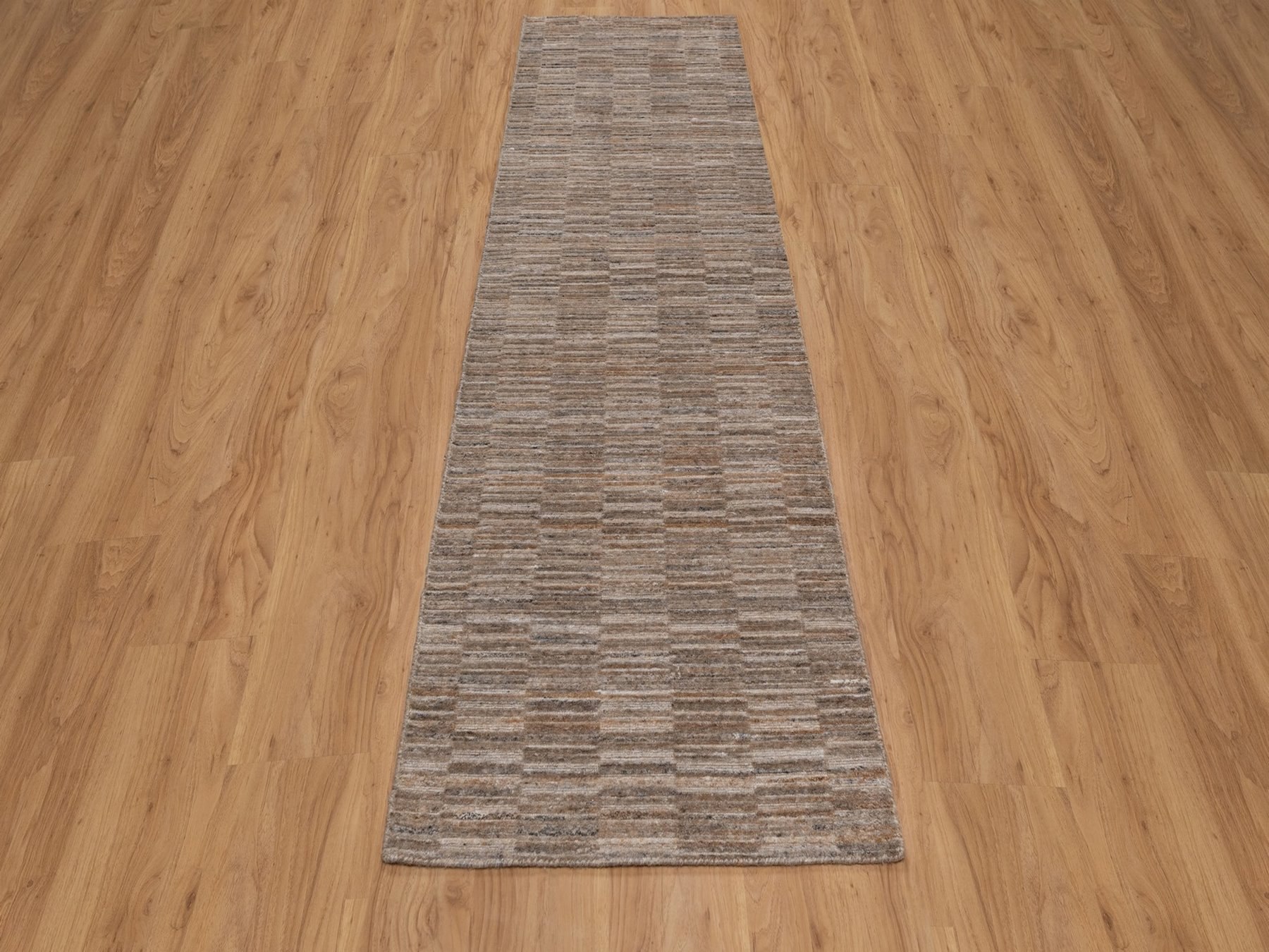 2'7"x10' Camel Brown, Hand Loomed, Modern Grid Pattern, Natural Wool, Thick and Plush, Runner, Oriental Rug HR92189 - Image 2