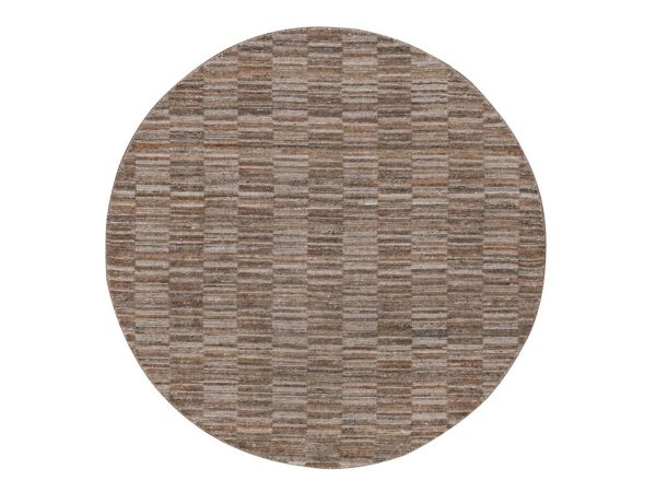5'x5' Camel Brown, Modern Grid Pattern, Natural Wool, Thick and Plush, Hand Loomed, Round, Oriental Rug HR92190