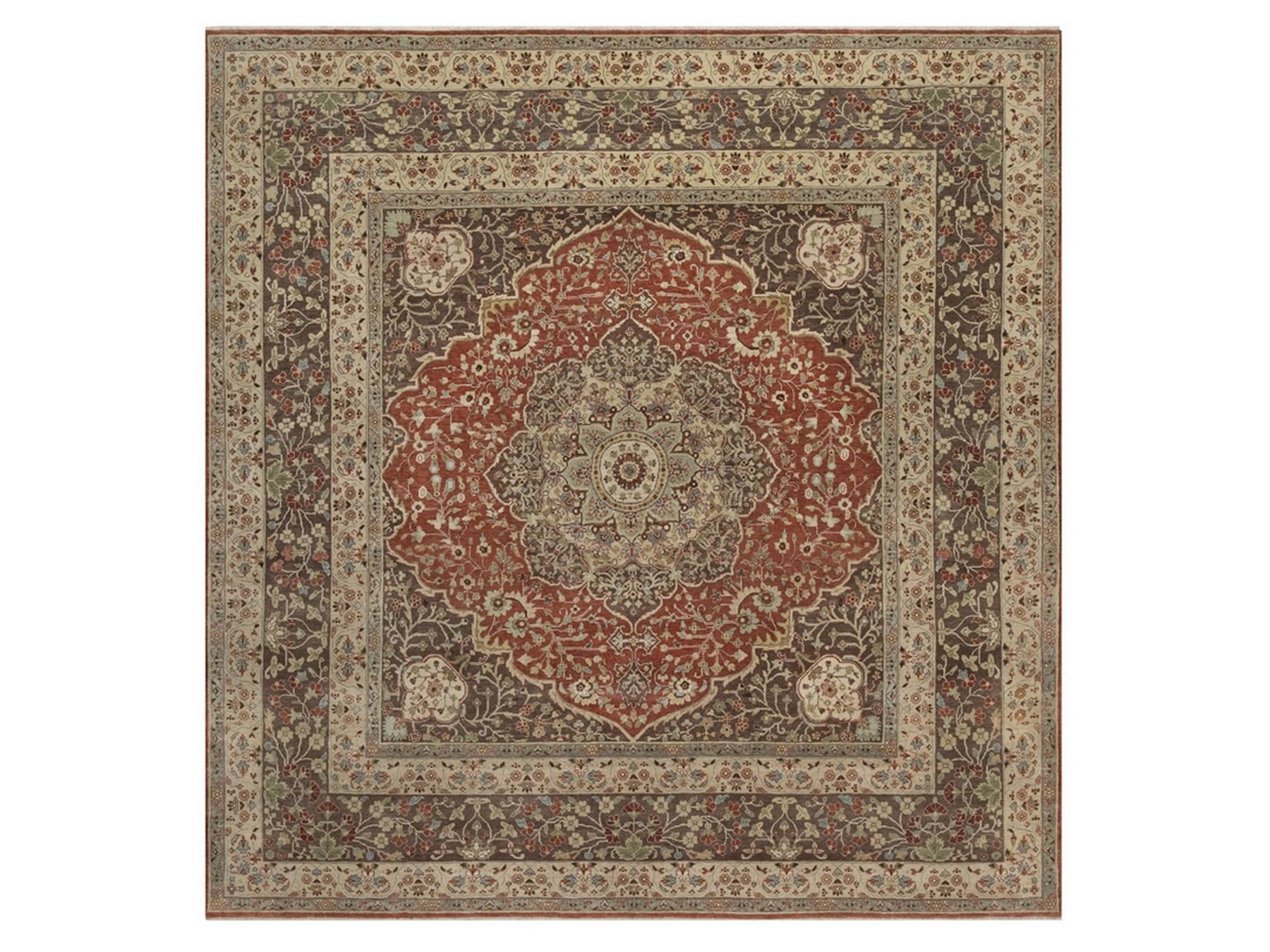 10'x10' Auburn Red, Tabriz Haja Jalili Re-Creation with Flower Medallion Design, Hand Knotted, Hand Spun New Zealand Wool, Denser Weave, Square, Oriental Rug HR92460