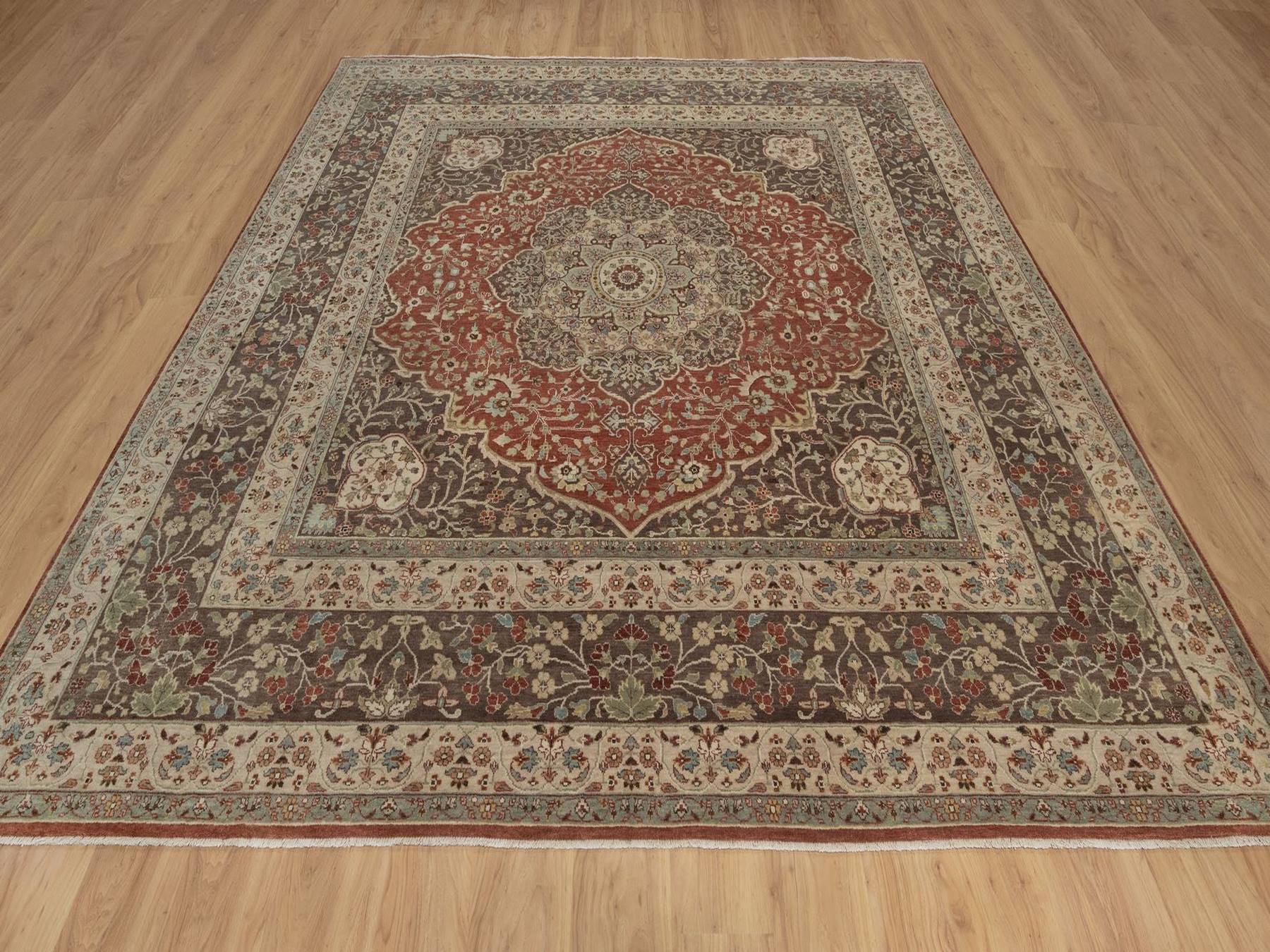 10'x10' Auburn Red, Tabriz Haja Jalili Re-Creation with Flower Medallion Design, Hand Knotted, Hand Spun New Zealand Wool, Denser Weave, Square, Oriental Rug HR92460 - Image 2