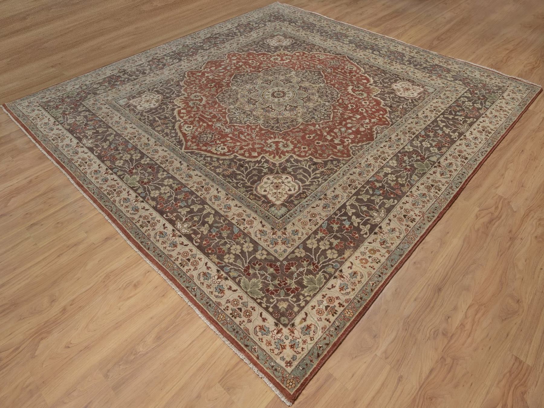 10'x10' Auburn Red, Tabriz Haja Jalili Re-Creation with Flower Medallion Design, Hand Knotted, Hand Spun New Zealand Wool, Denser Weave, Square, Oriental Rug HR92460 - Image 3