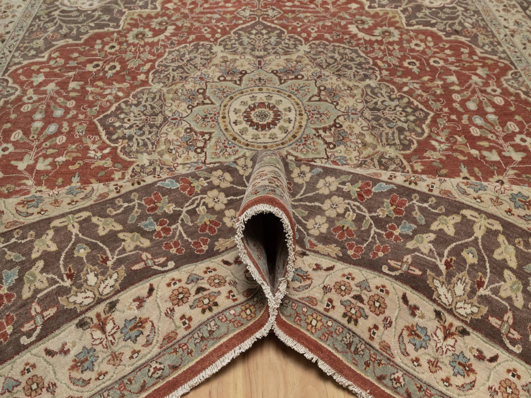 10'x10' Auburn Red, Tabriz Haja Jalili Re-Creation with Flower Medallion Design, Hand Knotted, Hand Spun New Zealand Wool, Denser Weave, Square, Oriental Rug HR92460 - Image 5