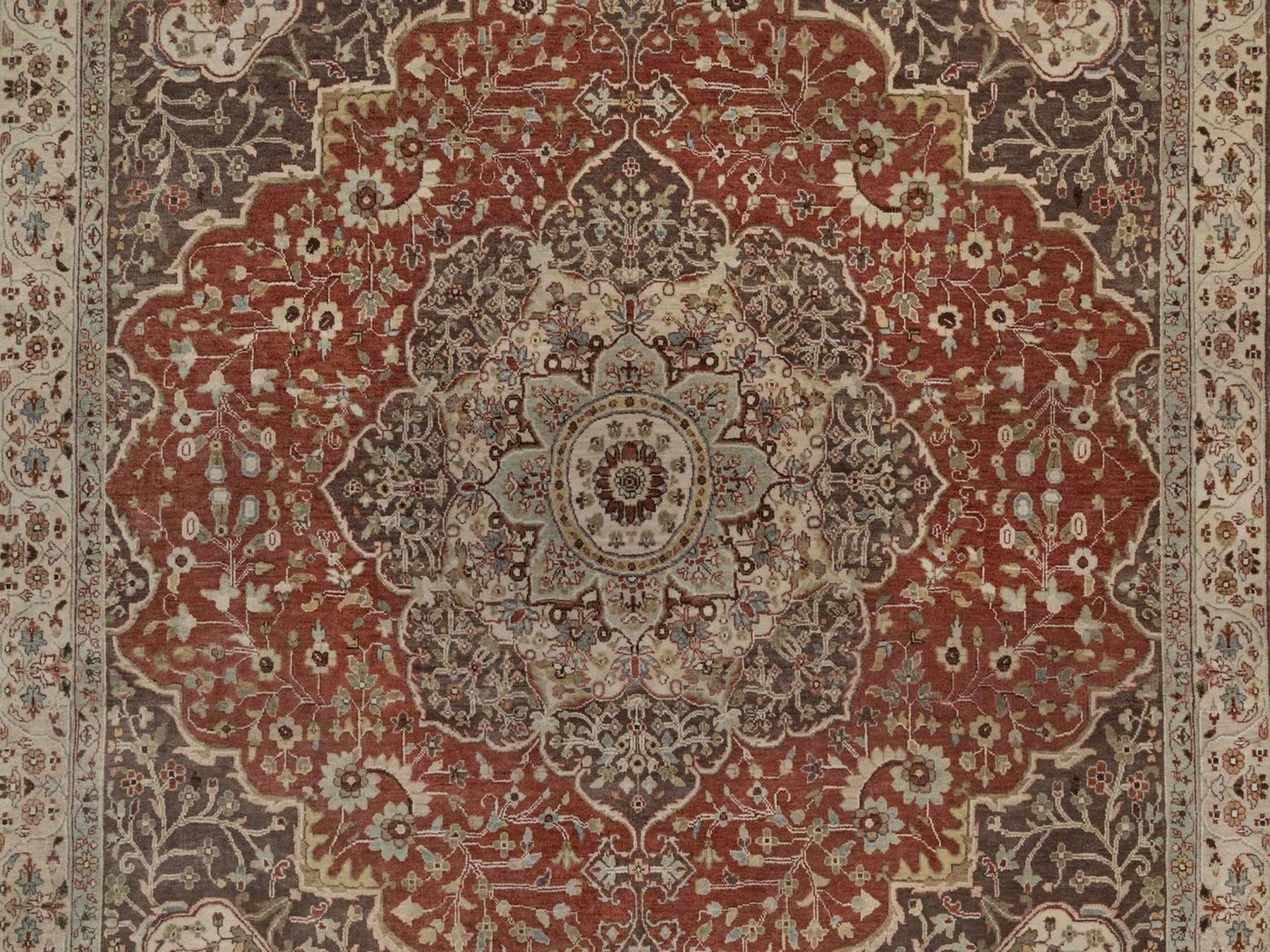 10'x10' Auburn Red, Tabriz Haja Jalili Re-Creation with Flower Medallion Design, Hand Knotted, Hand Spun New Zealand Wool, Denser Weave, Square, Oriental Rug HR92460 - Image 8