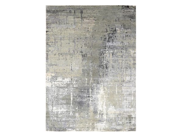 9'1"x11'10" Medium Gray, Abstract with Mosaic Design, Wool and Silk, Hand Knotted, Oriental Rug HR10063