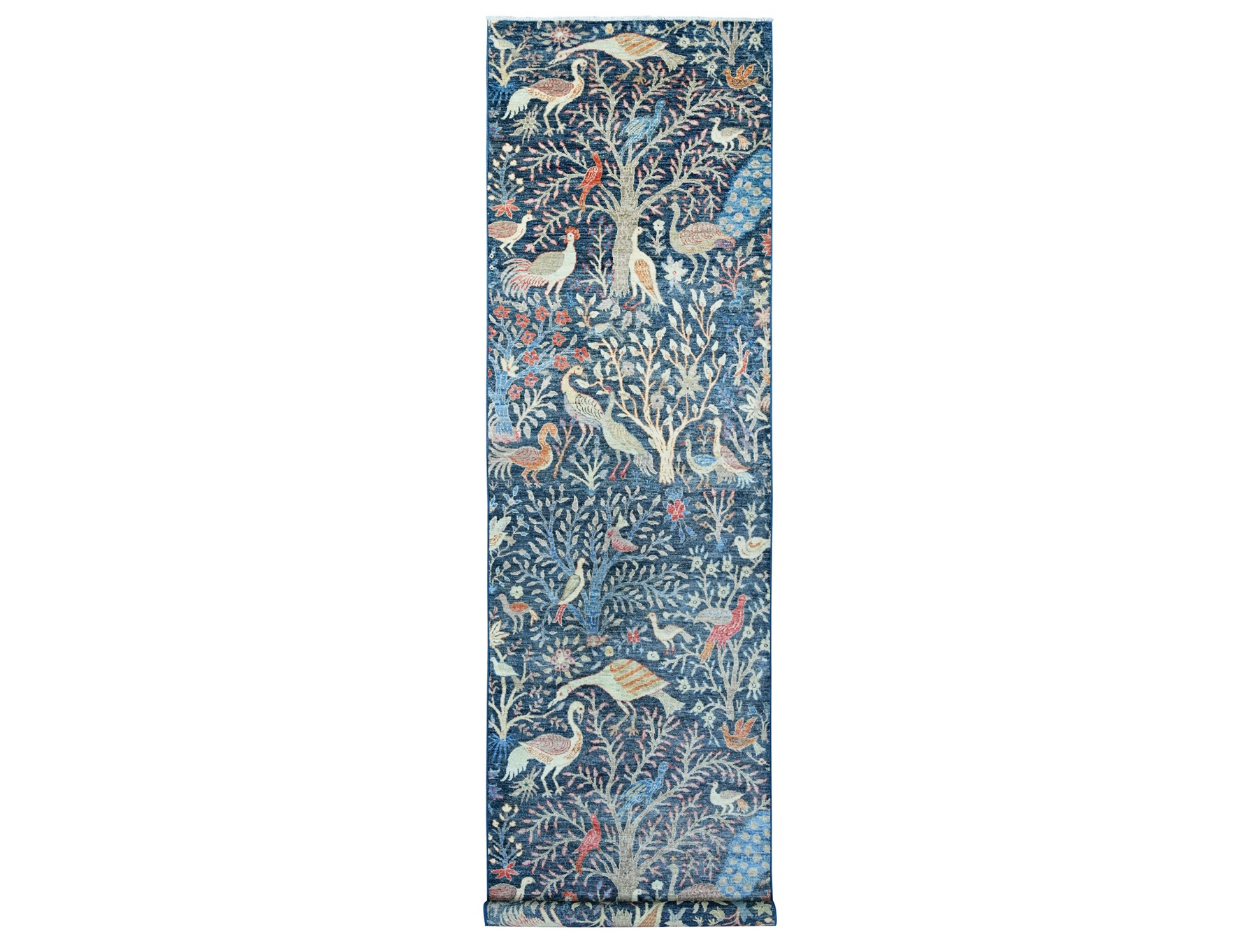 4'x15'8" Aegean Blue, Hand Knotted, Afghan Peshawar with Birds of Paradise Design, Soft Wool, Veggie Dyes, XL Wide Runner, Oriental Rug HR20263
