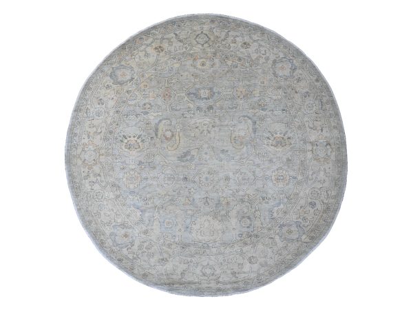12'2"x12'2" Misty Gray, Washed Out Ziegler Mahal Revival with All Over Pattern, Hand Knotted, 100% Wool, Round, Oriental Rug HR20339