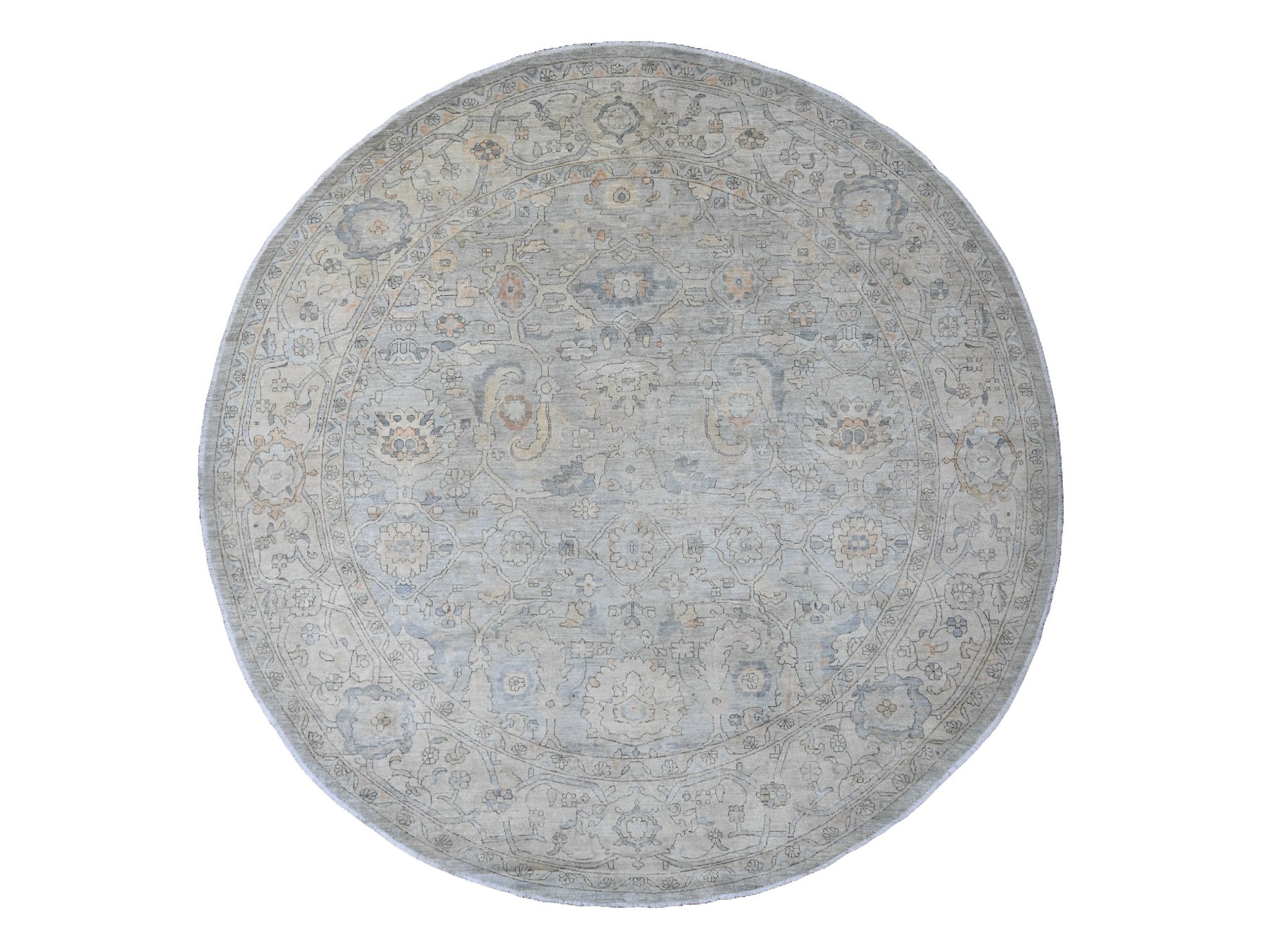 12'2"x12'2" Misty Gray, Washed Out Ziegler Mahal Revival with All Over Pattern, Hand Knotted, 100% Wool, Round, Oriental Rug HR20339