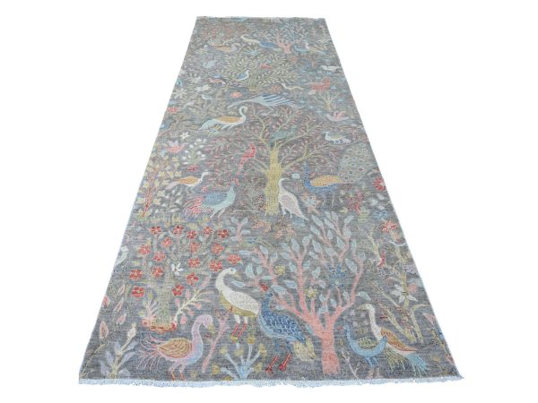 5'1"x12' Sonic Gray, Hand Knotted, Afghan Peshawar with Birds of Paradise Design, Soft Wool, Natural Dyes, Wide Runner, Oriental Rug HR20441