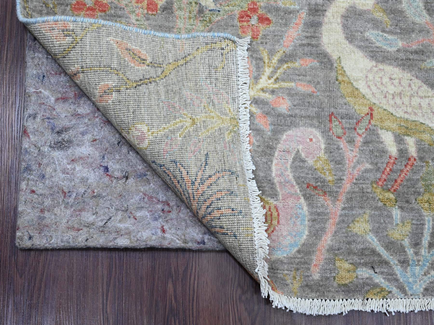 5'1"x12' Sonic Gray, Hand Knotted, Afghan Peshawar with Birds of Paradise Design, Soft Wool, Natural Dyes, Wide Runner, Oriental Rug HR20441 - Image 2