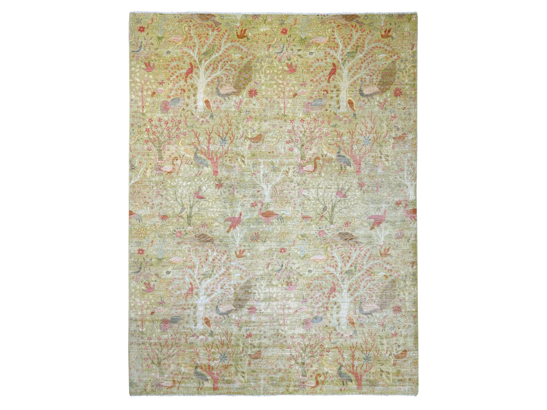 12'x15'8" Savannah Green, Afghan Peshawar with Birds of Paradise Design, Soft and Shiny Wool, Hand Knotted, Vegetable Dyes, XL, Oversized, Oriental Rug HR21193
