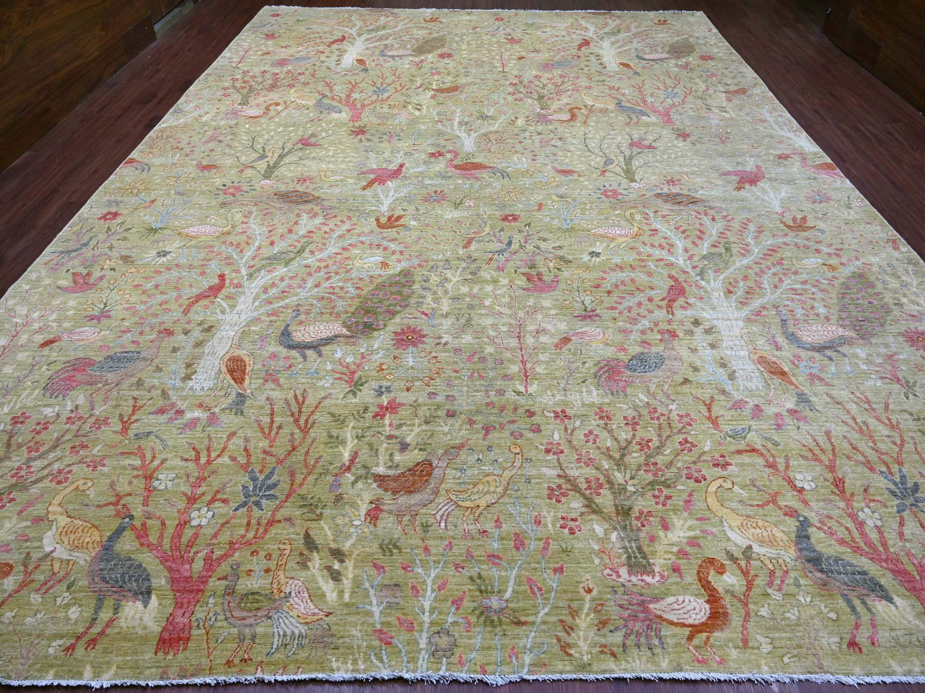 12'x15'8" Savannah Green, Afghan Peshawar with Birds of Paradise Design, Soft and Shiny Wool, Hand Knotted, Vegetable Dyes, XL, Oversized, Oriental Rug HR21193 - Image 2