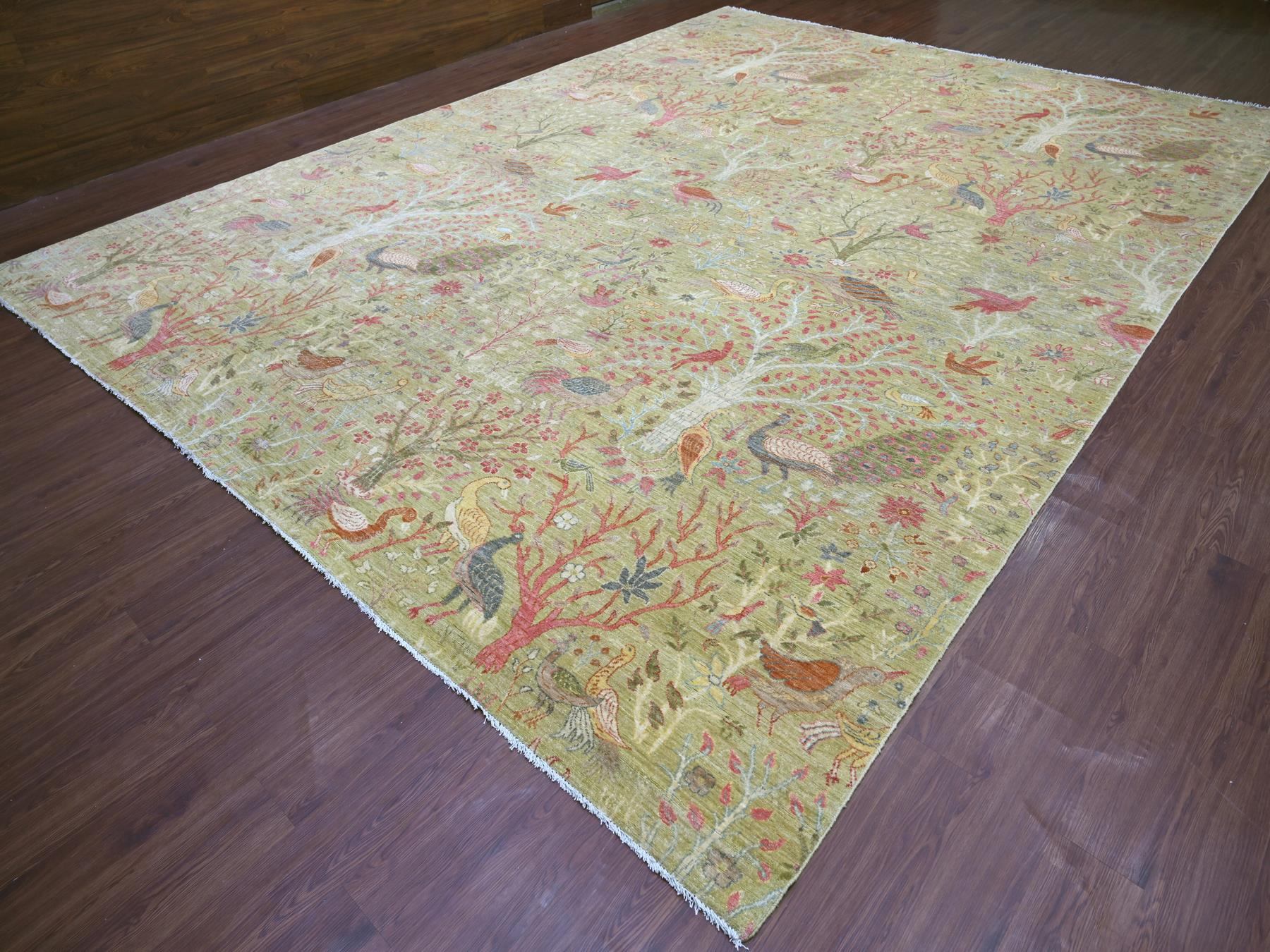 12'x15'8" Savannah Green, Afghan Peshawar with Birds of Paradise Design, Soft and Shiny Wool, Hand Knotted, Vegetable Dyes, XL, Oversized, Oriental Rug HR21193 - Image 3