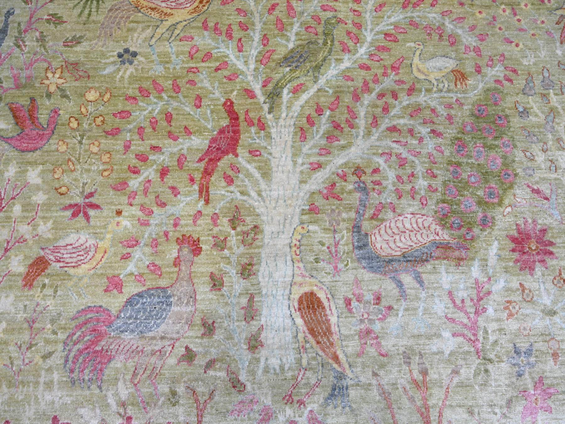 12'x15'8" Savannah Green, Afghan Peshawar with Birds of Paradise Design, Soft and Shiny Wool, Hand Knotted, Vegetable Dyes, XL, Oversized, Oriental Rug HR21193 - Image 8