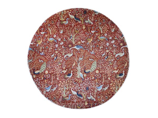 12'2"x12'2" Angels Red, Afghan Peshawar with Birds of Paradise Design, Hand Knotted, Soft and Shiny Wool, Vegetable Dyes, Round, Oriental Rug HR21199