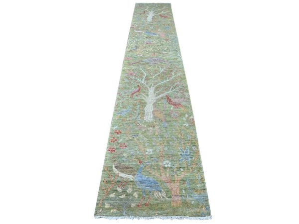 2'6"x15' Pickle Green, Hand Knotted, Afghan Peshawar with Birds of Paradise Design, 100% Wool, Vegetable Dyes, XL Runner, Oriental Rug HR21201