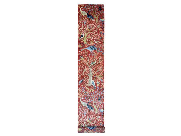 2'6"x19'8" Crimson Red, Hand Knotted, Afghan Peshawar with Birds of Paradise Design, Soft and Shiny Wool, Vegetable Dyes, XL Runner, Oriental Rug HR21203