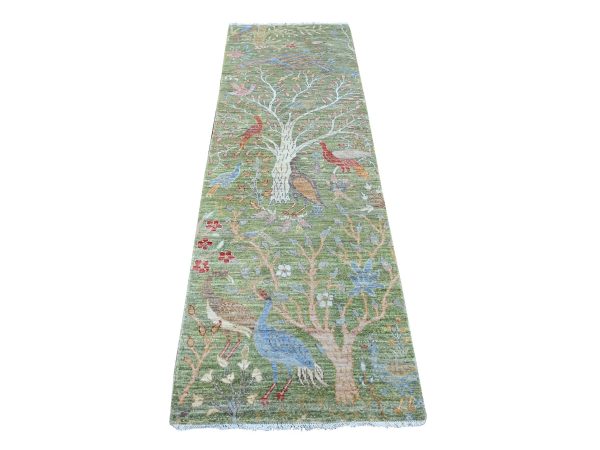 2'7"x8'1" Pickle Green, Afghan Peshawar with Colorful Birds of Paradise Design, Hand Knotted, Pure Wool, Natural Dyes, Runner, Oriental Rug HR21204
