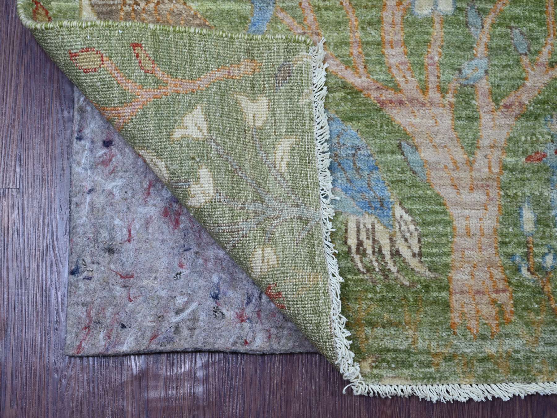 2'7"x8'1" Pickle Green, Afghan Peshawar with Colorful Birds of Paradise Design, Hand Knotted, Pure Wool, Natural Dyes, Runner, Oriental Rug HR21204 - Image 2