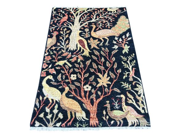 3'3"x4'9" Midnight Black, Afghan Peshawar with Colorful Birds of Paradise Design, Hand Knotted, Soft and Shiny Wool, Vegetable Dyes, Oriental Rug HR21223