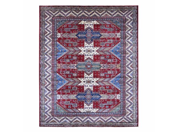 8'1"x10' Scarlet Red, Afghan Super Kazak with Geometric Design, Hand Knotted, Pure Wool, Vegetable Dyes, Oriental Rug HR21247
