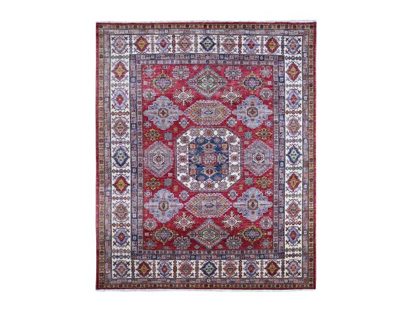 8'1"x9'8" Barn Red, Afghan Super Kazak with Geometric Medallions Design, Hand Knotted, Pure Wool, Vegetable Dyes, Oriental Rug HR21249
