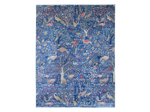 9'x11'8" Bayern Blue, Afghan Peshawar with Birds of Paradise Design, Vegetable Dyes, Hand Knotted, Soft and Shiny Wool, Oriental Rug HR21258