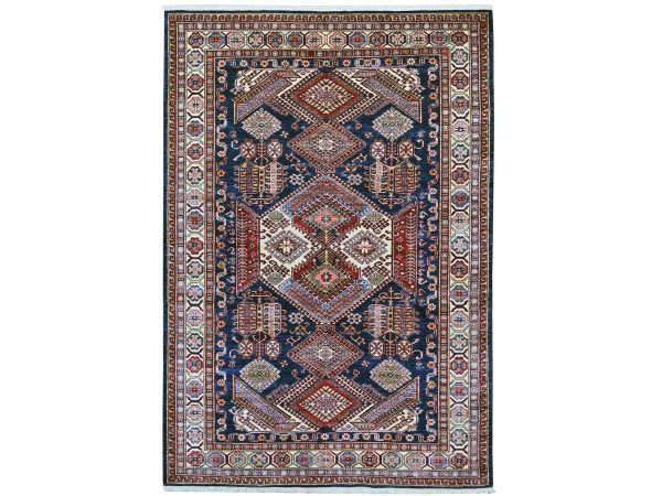 6'x8'7" Yale Blue, Afghan Super Kazak with Geometric Design, Hand Knotted, Soft and Shiny Wool, Vegetable Dyes, Oriental Rug HR21285