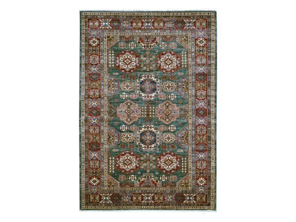5'10"x8'8" Teal Green, Afghan Super Kazak with Geometric Medallions Design, Hand Knotted, Pure Wool, Vegetable Dyes, Oriental Rug HR21292