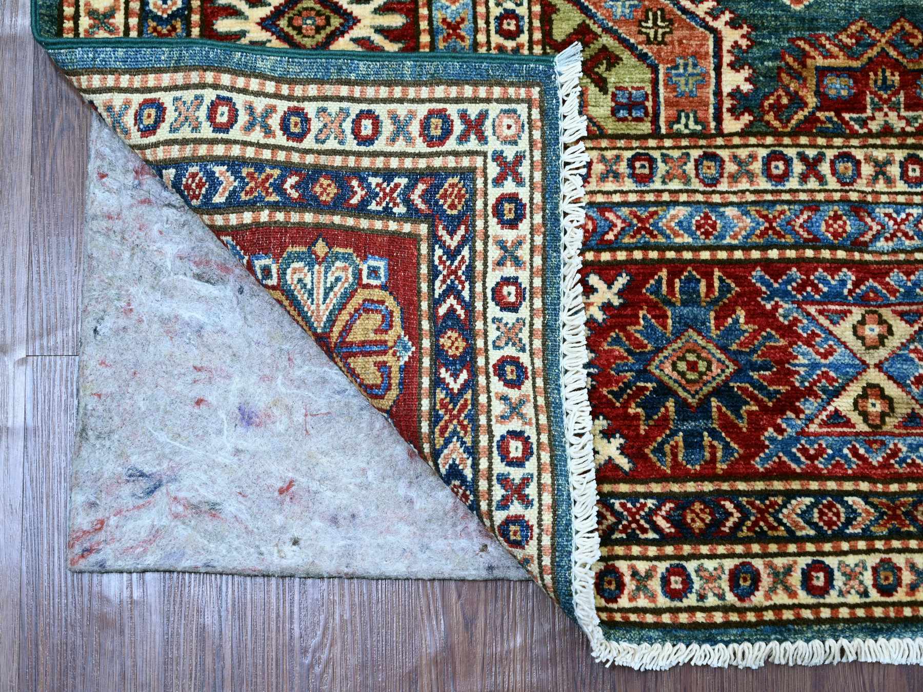 5'10"x8'8" Teal Green, Afghan Super Kazak with Geometric Medallions Design, Hand Knotted, Pure Wool, Vegetable Dyes, Oriental Rug HR21292 - Image 2