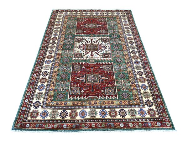5'x7'2" Bottle Green, Afghan Super Kazak with Geometric Medallions Design, Hand Knotted, Pure Wool, Vegetable Dyes, Oriental Rug HR21299
