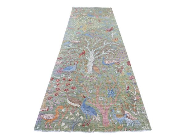4'x12'2" Sage Green, Hand Knotted, Afghan Peshawar with Colorful Birds of Paradise Design, Soft Wool, Vegetable Dyes, Wide Runner, Oriental Rug HR21308