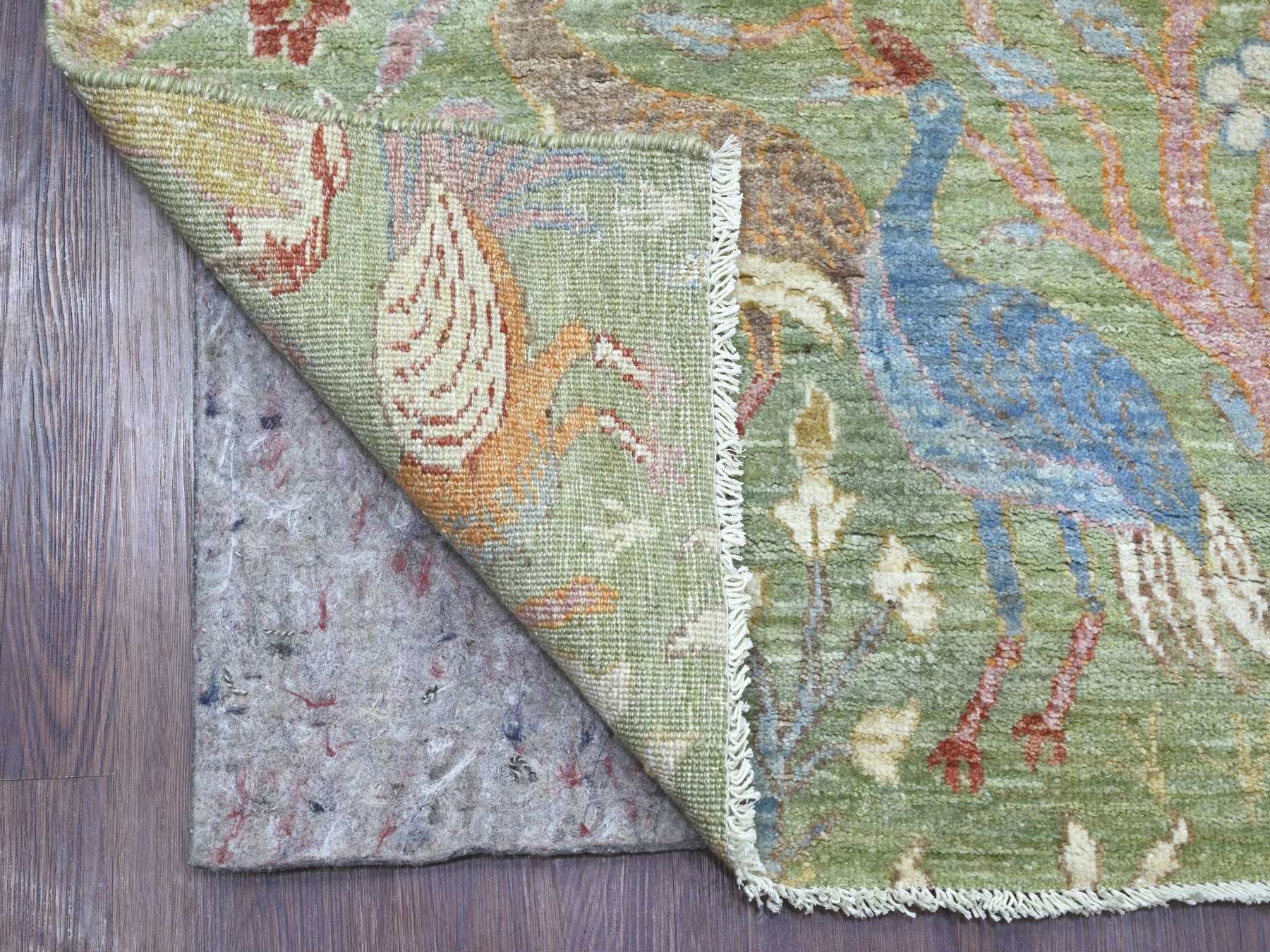 4'x12'2" Sage Green, Hand Knotted, Afghan Peshawar with Colorful Birds of Paradise Design, Soft Wool, Vegetable Dyes, Wide Runner, Oriental Rug HR21308 - Image 2