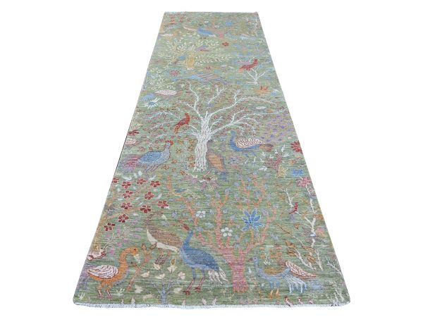 4'x12'2" Sage Green, Afghan Peshawar with Birds of Paradise Design, Hand Knotted, 100% Wool, Vegetable Dyes, Wide Runner, Oriental Rug HR21310