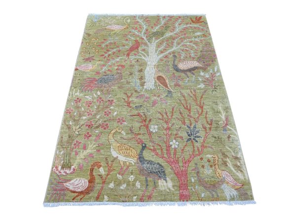 4'x5'10" Olive Green, Afghan Peshawar with Birds of Paradise Design, Hand Knotted, Soft and Velvety Wool, Vegetable Dyes, Oriental Rug HR21335