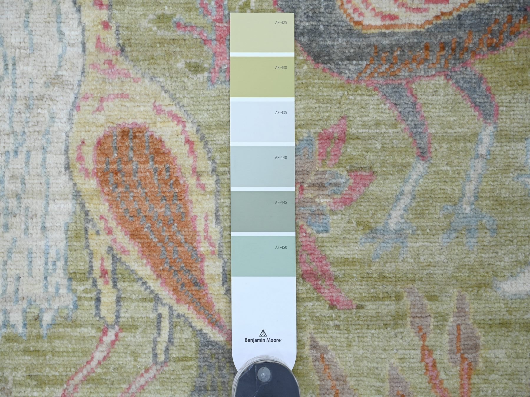 4'x5'10" Olive Green, Afghan Peshawar with Birds of Paradise Design, Hand Knotted, Soft and Velvety Wool, Vegetable Dyes, Oriental Rug HR21335 - Image 3