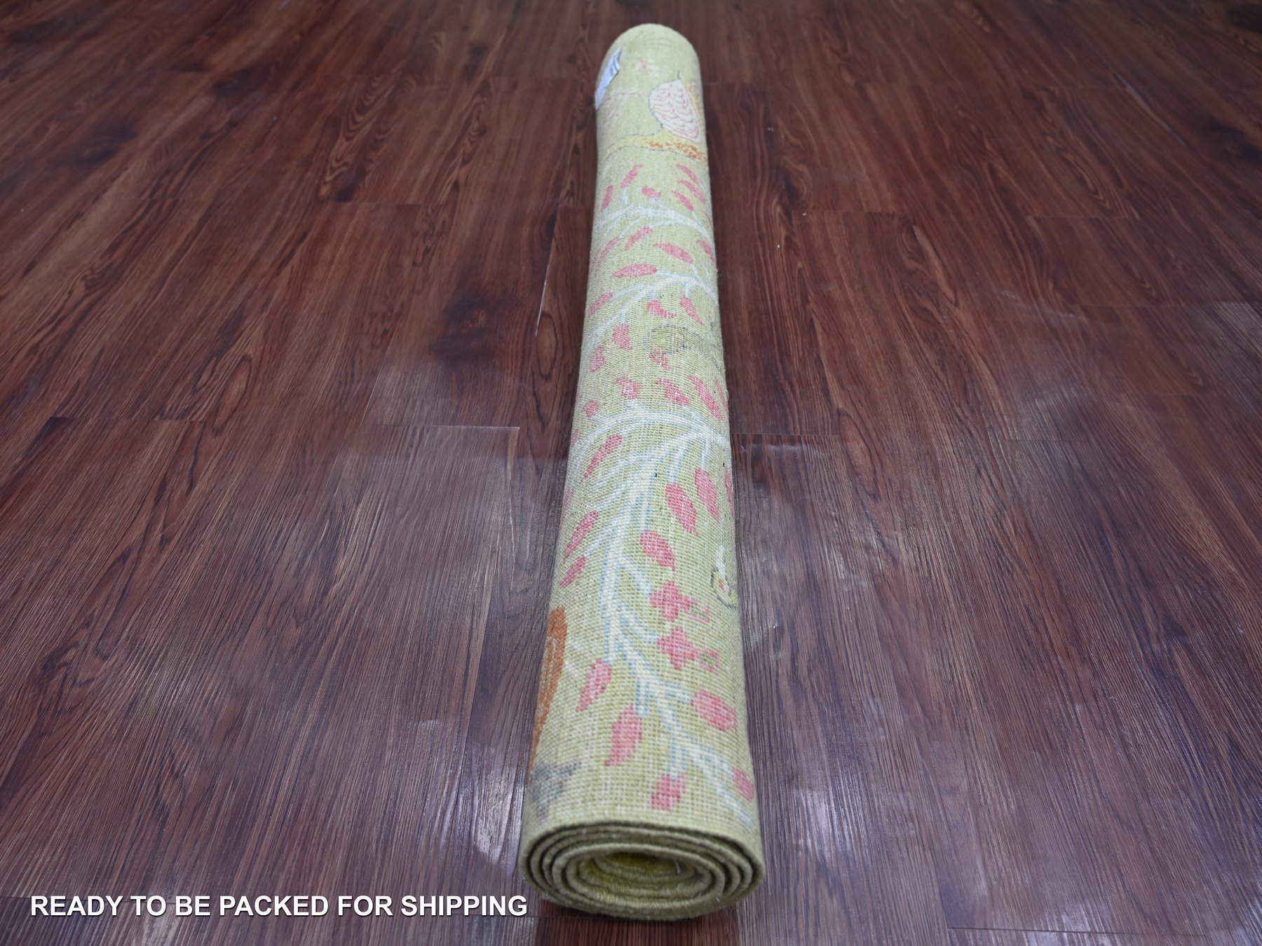 4'x5'10" Olive Green, Afghan Peshawar with Birds of Paradise Design, Hand Knotted, Soft and Velvety Wool, Vegetable Dyes, Oriental Rug HR21335 - Image 4