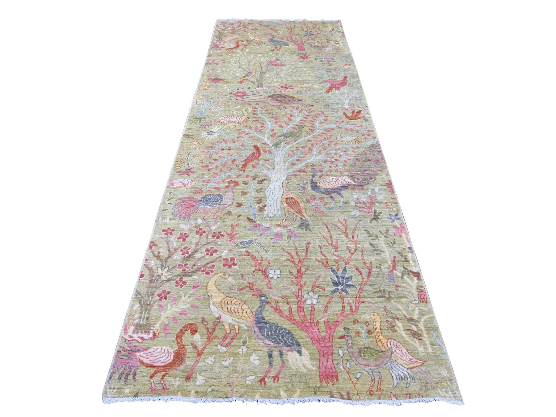 4'x11'9" Olive Green, Afghan Peshawar with Birds of Paradise Design, Hand Knotted, Soft and Vibrant Wool, Vegetable Dyes, Wide Runner, Oriental Rug HR21337