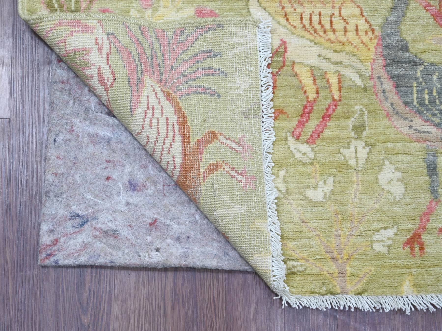 4'x11'9" Olive Green, Afghan Peshawar with Birds of Paradise Design, Hand Knotted, Soft and Vibrant Wool, Vegetable Dyes, Wide Runner, Oriental Rug HR21337 - Image 2