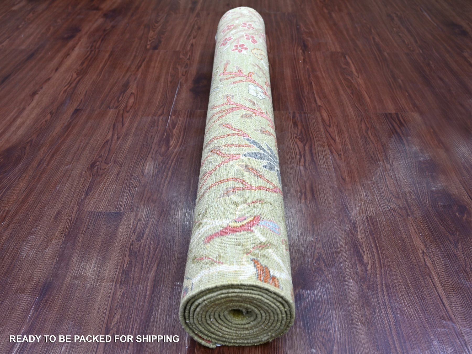 4'x11'9" Olive Green, Afghan Peshawar with Birds of Paradise Design, Hand Knotted, Soft and Vibrant Wool, Vegetable Dyes, Wide Runner, Oriental Rug HR21337 - Image 4