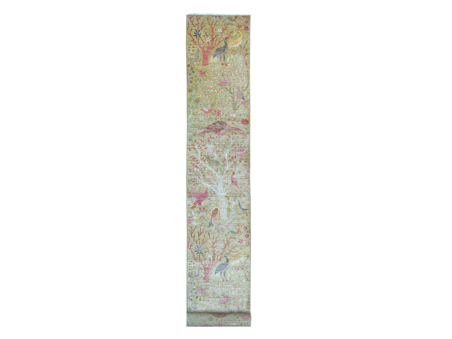 2'6"x20' Savannah Green, Afghan Peshawar with Birds of Paradise Design, Hand Knotted, 100% Wool, Vegetable Dyes, Extra Long and Narrow Runner, Oriental Rug HR21339