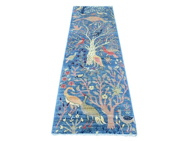 2'6"x7'7" Bayern Blue, Afghan Peshawar with Birds of Paradise Design, Vegetable Dyes, Hand Knotted, Soft and Shiny Wool, Runner, Oriental Rug HR21340