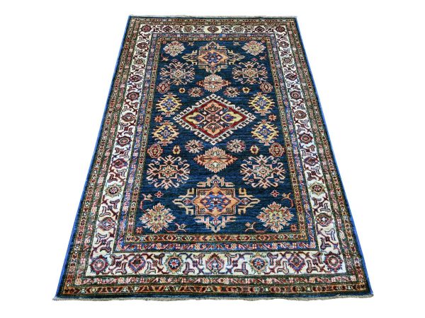 4'x6' Navy Blue, Hand Knotted, Afghan Super Kazak with Geometric Medallions Design, Pure Wool, Vegetable Dyes, Oriental Rug HR21346